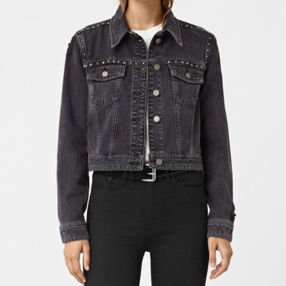 All Saints Black Zita Studded Cropped Jean Jacket